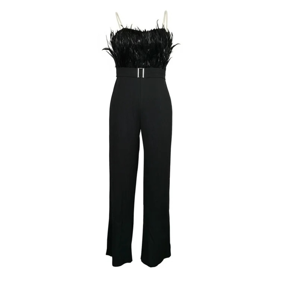 Feathered Top Strapless Belted Black Jumpsuit